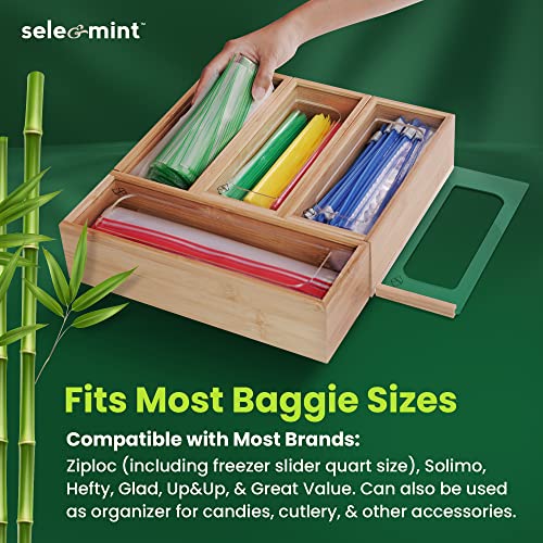 Bag Storage Organizer for Drawer - Ziplock Bag Storage Organizer with Slider Cover - Bamboo Food Plastic Baggie Holder & Container, Sandwich & Snack Sized Slider Bags Dispenser for your kitchen drawer