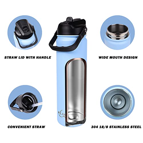 ZLINS Insulated Sports Water Bottle with Straw Lid 40OZ Wide Mouth - Reusable Double Walled Vacuum Coffee Tumbler with Lid - Stainless Steel Iced Metal Travel Mug，Thermos Sweat Proof (Sky Blue)