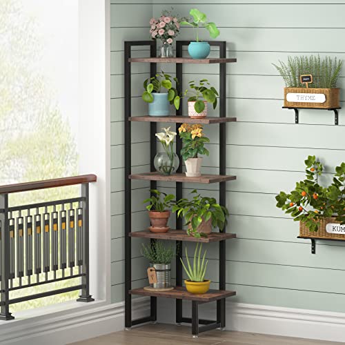 Tribesigns Corner Shelf, 5 Tier Wide Industrial Wood Wall Corner Bookshelves, Corner Storage Rack Shelves Display Plant Flower Stand Ladder Bookcase for Home Office Kitchen Bedroom