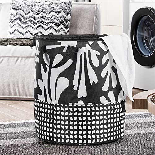 YOHOM Round Laundry Basket with Zipper, Adjustable Clothes Hamper Stand-up Hamper Retractable Laundry Bag for College Dorm, Bedroom, Bathroom, Kids Room (Black Floral, Large)