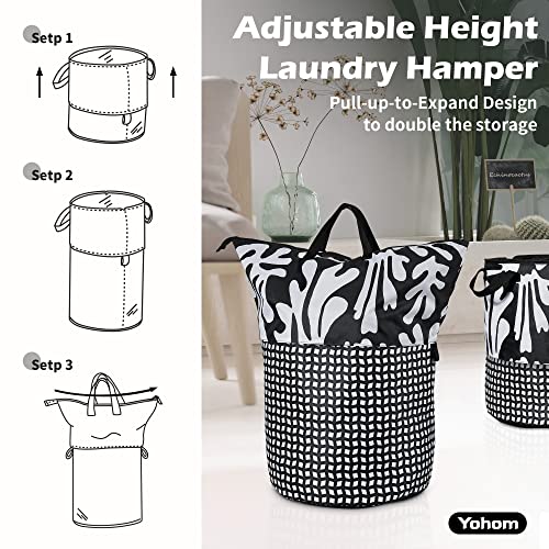 YOHOM Round Laundry Basket with Zipper, Adjustable Clothes Hamper Stand-up Hamper Retractable Laundry Bag for College Dorm, Bedroom, Bathroom, Kids Room (Black Floral, Large)