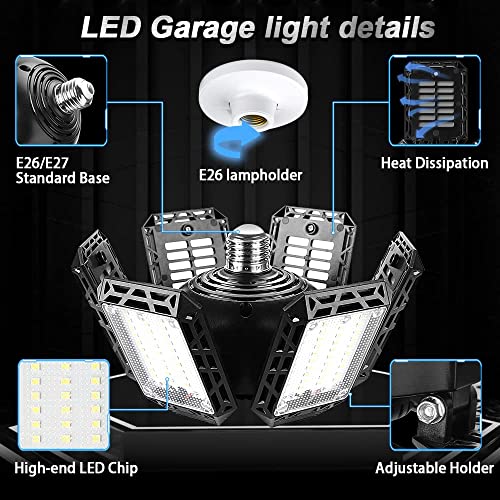 2 Pack LED Garage Light, 200W LED Shop Light, E26/E27 Garage Lights Super Bright Deformable LED Garage Ceiling Light with 6+1 Adjustable Panels Garage Lighting, Bay Light, Attic Light, Basement Light