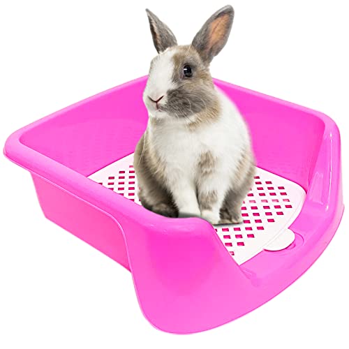 kathson Large Rabbit Litter Box Pet Cage Potty Corner Toilet Trainer Pan with Grate for Bunny Guinea Pig Chinchilla Ferret Puppy Small Animal (Pink)