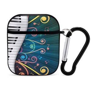 piano keys music background hard case for airpods 1/2 earbuds headset cover protective storage bag with hanging keychain