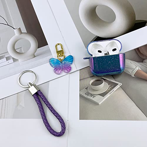 AIIEKZ Compatible with AirPods 3 Case Cover with Butterfly Keychain and Lanyard, Colorful Laser Water Drop Design Hard PC Protective Case for AirPods 3rd Generation Case 2021 (Glittery Purple)