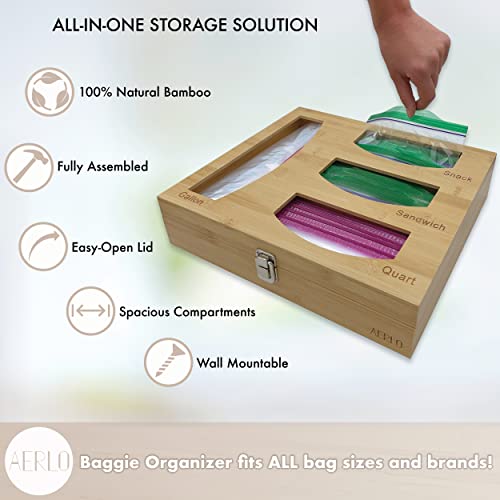 AERLO Bamboo Bag Storage Organizer and Dispenser - Large Size for USA Quart, Gallon, Sandwich and Snack Bags - Kitchen Drawer or Pantry Wooden Baggie Container - No Assembly Required (Natural Bamboo)