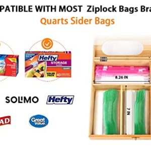 ComboJoy Ziplock Bag Organizer, Premium Bamboo Baggie Organizer for Drawer with Wall Mount Design, Easy to Refill, Compatible with Quart Slider Bag, Ziploc, Glad, Hefty for Gallon, Sandwich & Snack