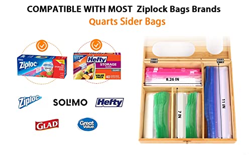 ComboJoy Ziplock Bag Organizer, Premium Bamboo Baggie Organizer for Drawer with Wall Mount Design, Easy to Refill, Compatible with Quart Slider Bag, Ziploc, Glad, Hefty for Gallon, Sandwich & Snack