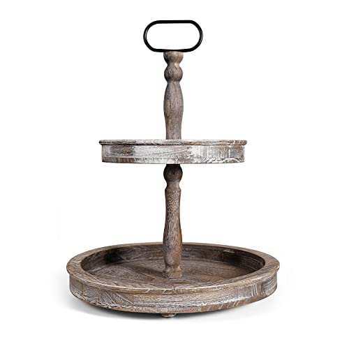 Farmhouse Tiered Tray Decor Stand, 2 Tier Round Wood Serving Tray with Oval Metal Handle, Rustic Wooden Tiered Tray Decor Holder, Wooden Cake Stand for Kitchen Counter or Coffee Table - Grayish White