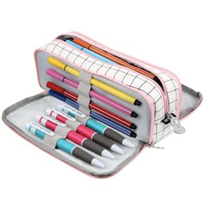 chelory big capacity pencil case large storage pencil bag pouch marker 3 compartment stationery pen cases holder for adults office organizer gifts (plaid white)