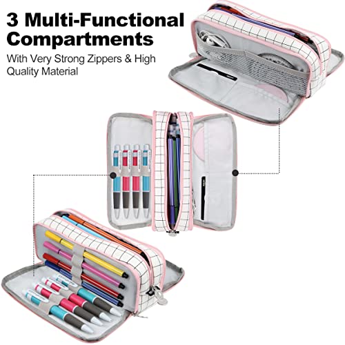 Chelory Big Capacity Pencil Case Large Storage Pencil Bag Pouch Marker 3 Compartment Stationery Pen Cases Holder for Adults Office Organizer Gifts (Plaid White)