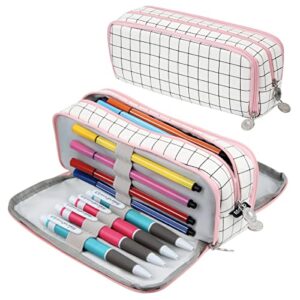 Chelory Big Capacity Pencil Case Large Storage Pencil Bag Pouch Marker 3 Compartment Stationery Pen Cases Holder for Adults Office Organizer Gifts (Plaid White)