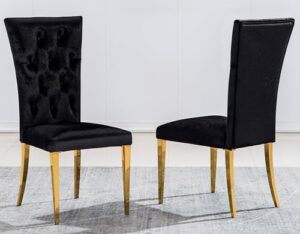 azhome dining chairs, black velvet upholstered dining room chairs in tufted design, modern glam gold stainless steel legs, set of 2