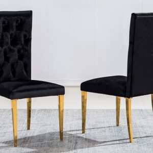 AZhome Dining Chairs, Black Velvet Upholstered Dining Room Chairs in Tufted Design, Modern Glam Gold Stainless Steel Legs, Set of 2