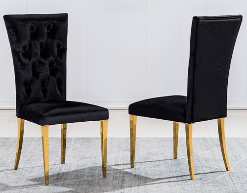 AZhome Dining Chairs, Black Velvet Upholstered Dining Room Chairs in Tufted Design, Modern Glam Gold Stainless Steel Legs, Set of 2