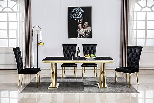 AZhome Dining Chairs, Black Velvet Upholstered Dining Room Chairs in Tufted Design, Modern Glam Gold Stainless Steel Legs, Set of 2