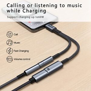 USB C to 3.5mm Headphone and Charger Adapter,2-in-1 USB C to Aux Audio Adapter with PD 60W Fast Charging Compatible with Apple iPhone 15/15Plus/15Pro/15Pro Max,Samsung S23/S22/S21,iPad,Pixel 7/6