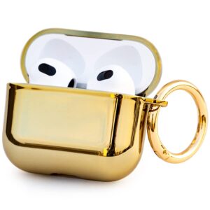 airpods 3 case cover, shiny plated tpu protective accessories with keychain compatible with apple airpod 3rd generation 2021 for women men girls boys,one-piece [front led visible]- gold