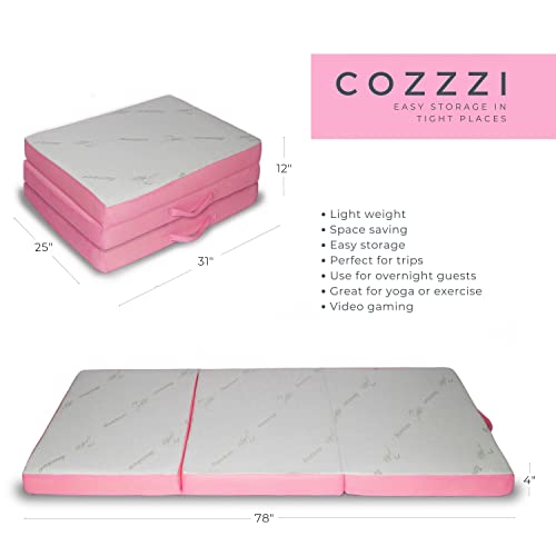 Cozzzi Folding Mattress - Trifold Foam Mattress Topper with Removable Cover -Lightweight and Portable Sleeping Mat - Pink - 31"