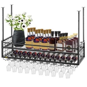 vevor ceiling wine glass rack, 46.9 x 11.8 inch hanging wine glass rack, 18.9-35.8 inch height adjustable hanging wine rack cabinet, black wall-mounted wine glass rack perfect for bar cafe kitchen