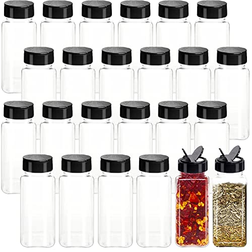 24 Pack 3.5oz Square Plastic Spice Jars,Seasoning Containers with Black Screw Lids to Pour or Shake,Empty Storage Spice Containers for Spice,Powders,Peppers