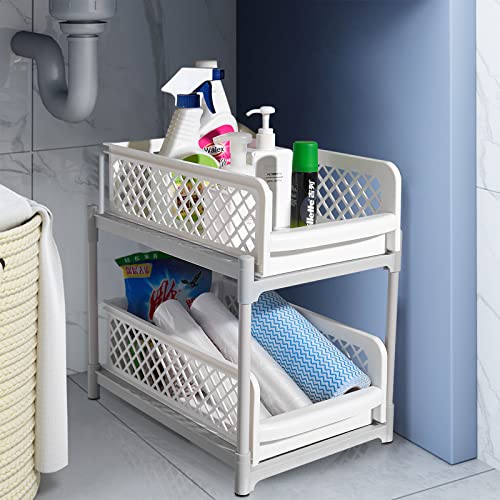 KUSARKO Under Sink Organizers and Storage for Kitchen Bathroom, Medicine Cabinet Organizer, 2 Tier Shelf Organizer with Sliding Storage Drawer, Plastic Pull Out Pantry Organization and Storage