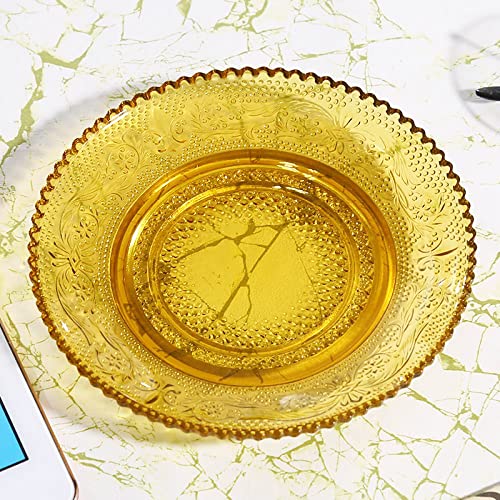 Sizikato 4pcs Amber Glass Snack Plate with Lace Trim, 6-Inch Dried Fruit Plate Dessert Plate for Home and KTV