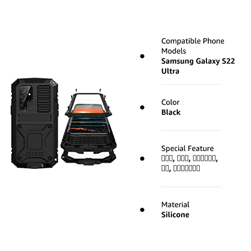 Simicoo Samsung S22 Ultra Metal Case with Screen Protector Camera Protector Military Rugged Heavy Duty Shockproof Case with Stand Full Cover Tough case for Samsung S22 Ultra (S22 Ultra, Black)