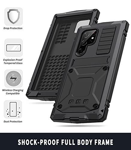 Simicoo Samsung S22 Ultra Metal Case with Screen Protector Camera Protector Military Rugged Heavy Duty Shockproof Case with Stand Full Cover Tough case for Samsung S22 Ultra (S22 Ultra, Black)