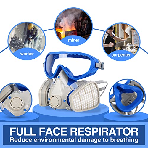 YungeEquipmentUS Reusable Full Facepiece Gas Mask with Safety Glass Respirator Mask Against Organic Vapors/Smells/Asbestos,Ideal for Painting,Polishing,Gas, Decoration, Welding, Blue