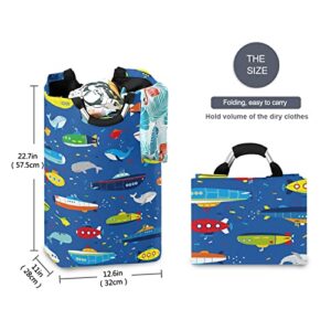 senya Submarines and Whales Large Laundry Basket Shopping Tote Bag, Collapsible Fabric Laundry Hamper, Foldable Clothes Bag, Folding Washing Bin(227na7b)