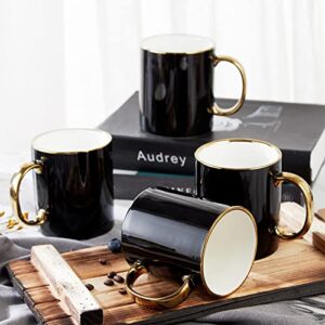 dujust black coffee mug set of 4(16oz), modern & stylish design with handcrafted golden trims, black and gold cup set for coffee, tea & milk, beautiful & graceful top fine porcelain cups