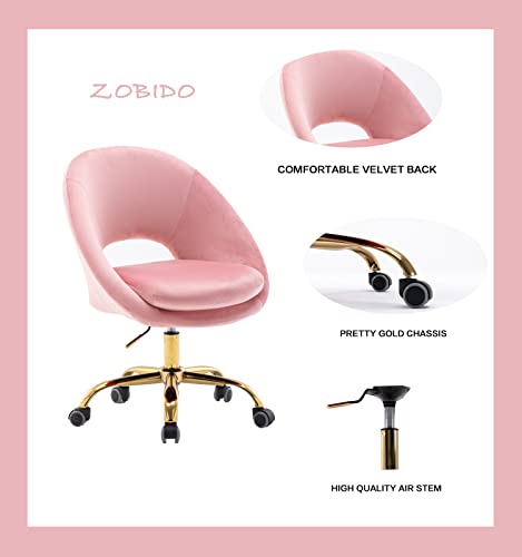 ZOBIDO Comfy Home Office Task Chair with Wheels, Cute Modern Upholstered Velvet Seashell Back Adjustable Swivel Vanity Desk Chair, for Women, for Kids, for Girls, Living Room, Bedroom (Peach Pink)