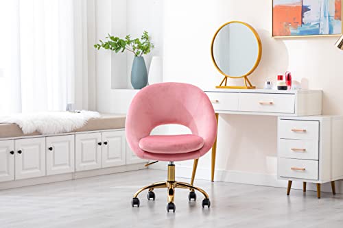 ZOBIDO Comfy Home Office Task Chair with Wheels, Cute Modern Upholstered Velvet Seashell Back Adjustable Swivel Vanity Desk Chair, for Women, for Kids, for Girls, Living Room, Bedroom (Peach Pink)