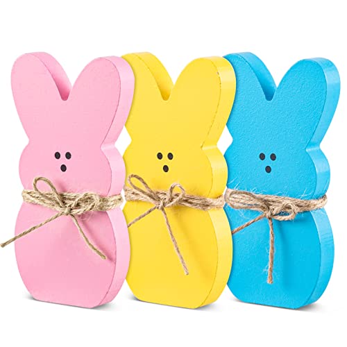 Whaline 3Pcs Easter Bunny Wood Sign Pink Blue Yellow Easter Rabbit Table Centerpiece with 32.8ft Jute Rope Freestanding Bunny Tabletop Tiered Tray Decor for Spring Birthday Home Farmhouse Party