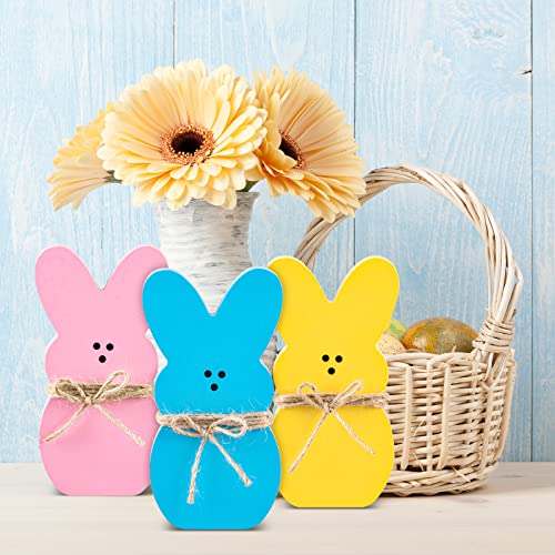 Whaline 3Pcs Easter Bunny Wood Sign Pink Blue Yellow Easter Rabbit Table Centerpiece with 32.8ft Jute Rope Freestanding Bunny Tabletop Tiered Tray Decor for Spring Birthday Home Farmhouse Party