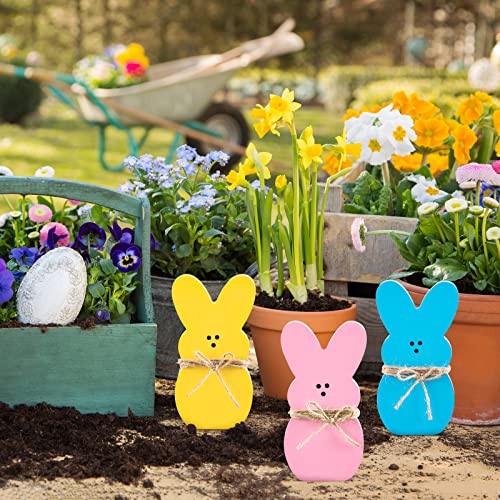 Whaline 3Pcs Easter Bunny Wood Sign Pink Blue Yellow Easter Rabbit Table Centerpiece with 32.8ft Jute Rope Freestanding Bunny Tabletop Tiered Tray Decor for Spring Birthday Home Farmhouse Party