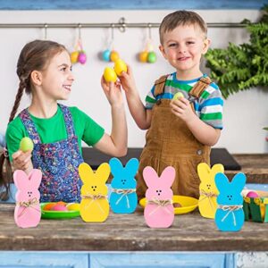 Whaline 3Pcs Easter Bunny Wood Sign Pink Blue Yellow Easter Rabbit Table Centerpiece with 32.8ft Jute Rope Freestanding Bunny Tabletop Tiered Tray Decor for Spring Birthday Home Farmhouse Party