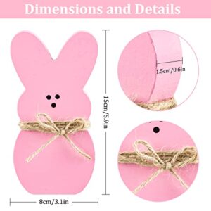 Whaline 3Pcs Easter Bunny Wood Sign Pink Blue Yellow Easter Rabbit Table Centerpiece with 32.8ft Jute Rope Freestanding Bunny Tabletop Tiered Tray Decor for Spring Birthday Home Farmhouse Party