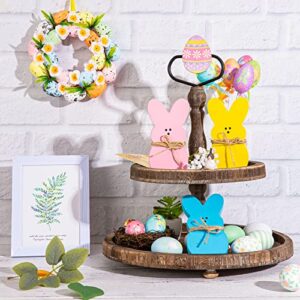 Whaline 3Pcs Easter Bunny Wood Sign Pink Blue Yellow Easter Rabbit Table Centerpiece with 32.8ft Jute Rope Freestanding Bunny Tabletop Tiered Tray Decor for Spring Birthday Home Farmhouse Party