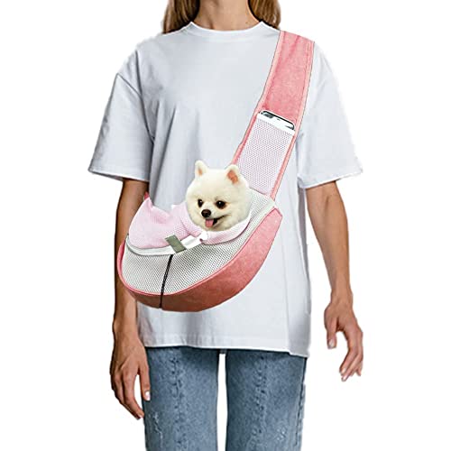 FEimaX Pet Dog Sling Carrier Puppy Pet Slings Bag for Small Dogs Cats Satchel Carriers Breathable Mesh Hand Free with Adjustable Strap Doggie Crossbody for Outdoor Travel (Small, Pink)