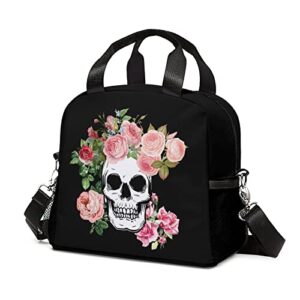 floral skull lunch bag, insulated rose skull lunch box with shoulder strap, large capacity durable lunch tote bag with pockets, waterproof lunch bag for women boys men(floral skull)