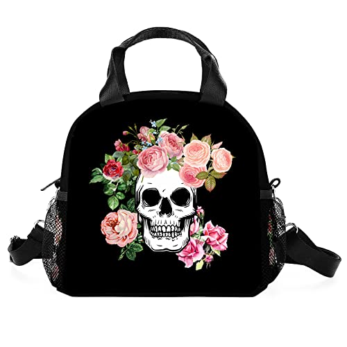 Floral Skull Lunch Bag, Insulated Rose Skull Lunch Box with Shoulder Strap, Large Capacity Durable Lunch Tote Bag with Pockets, Waterproof Lunch Bag for Women Boys Men(Floral Skull)