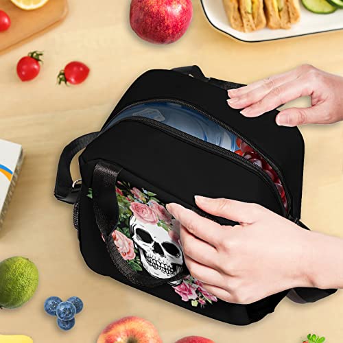 Floral Skull Lunch Bag, Insulated Rose Skull Lunch Box with Shoulder Strap, Large Capacity Durable Lunch Tote Bag with Pockets, Waterproof Lunch Bag for Women Boys Men(Floral Skull)