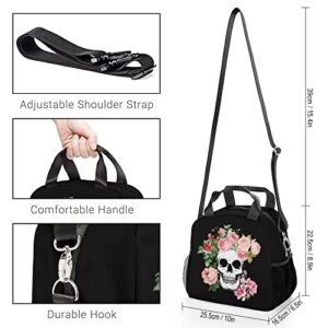 Floral Skull Lunch Bag, Insulated Rose Skull Lunch Box with Shoulder Strap, Large Capacity Durable Lunch Tote Bag with Pockets, Waterproof Lunch Bag for Women Boys Men(Floral Skull)