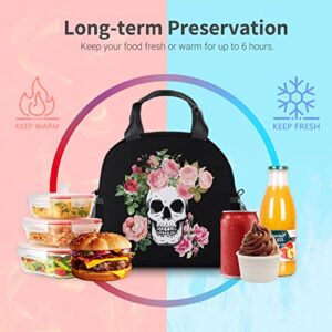 Floral Skull Lunch Bag, Insulated Rose Skull Lunch Box with Shoulder Strap, Large Capacity Durable Lunch Tote Bag with Pockets, Waterproof Lunch Bag for Women Boys Men(Floral Skull)