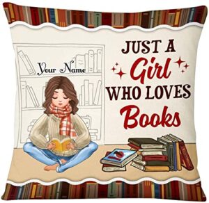 primestore personalized just a girl who loves books pillow, birthday gift for best friend bestie, bff, book lovers,book lover women librarians teacher readers gifts lovers
