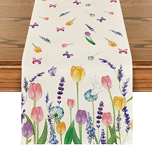 Artoid Mode Lavender Tulip Spring Table Runner, Summer Seasonal Anniversary Holiday Kitchen Dining Table Decoration for Indoor Outdoor Home Party Decor 13 x 72 Inch