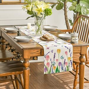 Artoid Mode Lavender Tulip Spring Table Runner, Summer Seasonal Anniversary Holiday Kitchen Dining Table Decoration for Indoor Outdoor Home Party Decor 13 x 72 Inch