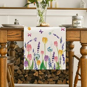 Artoid Mode Lavender Tulip Spring Table Runner, Summer Seasonal Anniversary Holiday Kitchen Dining Table Decoration for Indoor Outdoor Home Party Decor 13 x 72 Inch